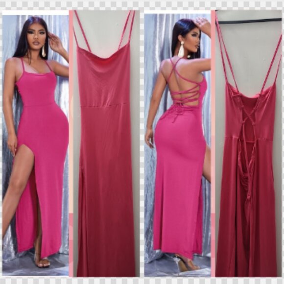 Pink Fuchsia Evening Gown with Criss Cross Lace Up Back wThigh Split (Medium) - Picture 1 of 8